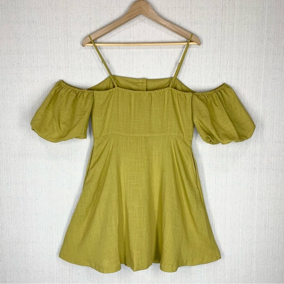 J.O.A~NWT~Cold Shoulder Fit & Flare Mini Dress~Pouf‎ Sleeves~Chartreuse~Sz M - Picture 5 of 11